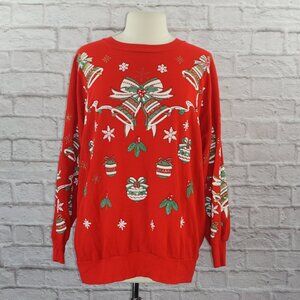 Vintage 80s Christmas Holiday Bells Ornament Mistletoe  Pullover Sweatshirt